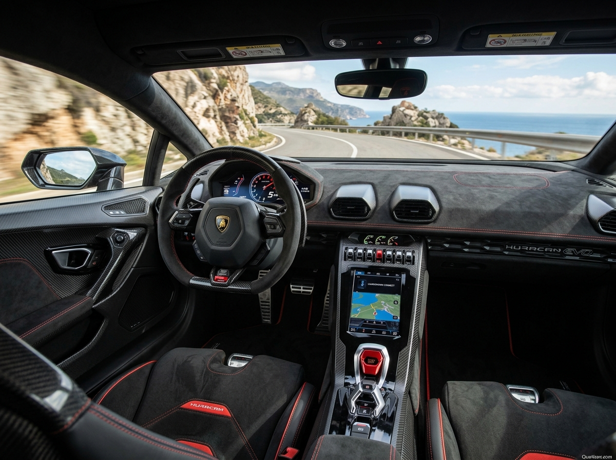Lamborghini Huracan EVO interior cockpit view with carbon fiber trim