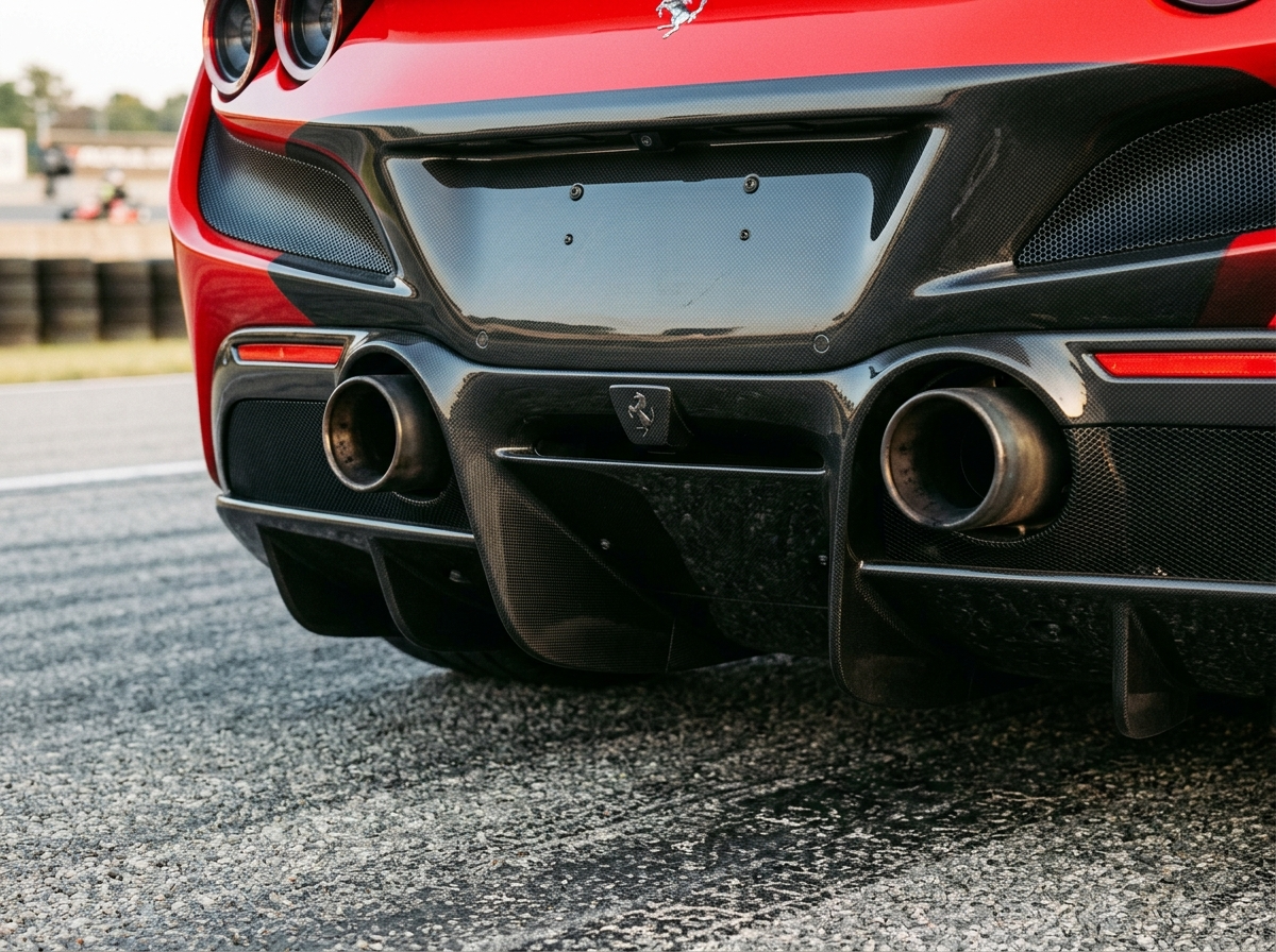 Ferrari F8 Tributo rear diffuser and twin exhausts close-up detail shot