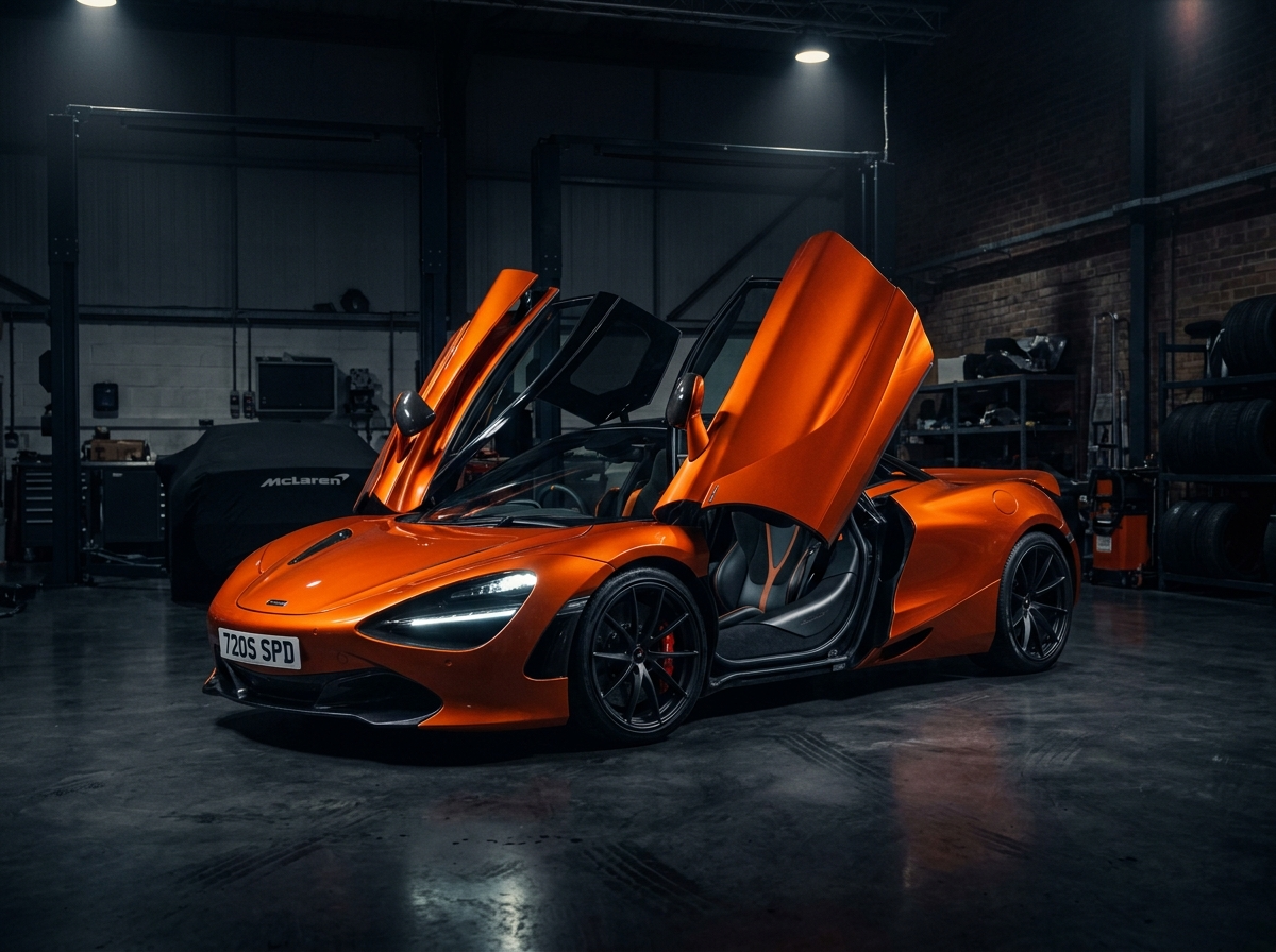 McLaren 720S Spider dihedral butterfly doors open in garage under dramatic lighting