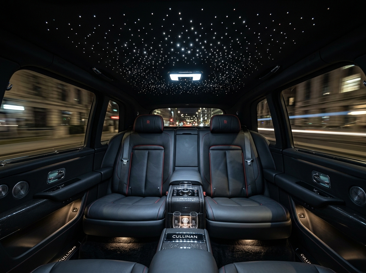 Rolls-Royce Cullinan Black Badge rear interior with starlight headliner illuminated at night