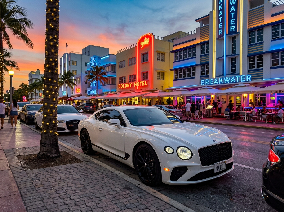 Bentley Continental GT coupe in Glacier White parked at Art Deco district South Beach Miami