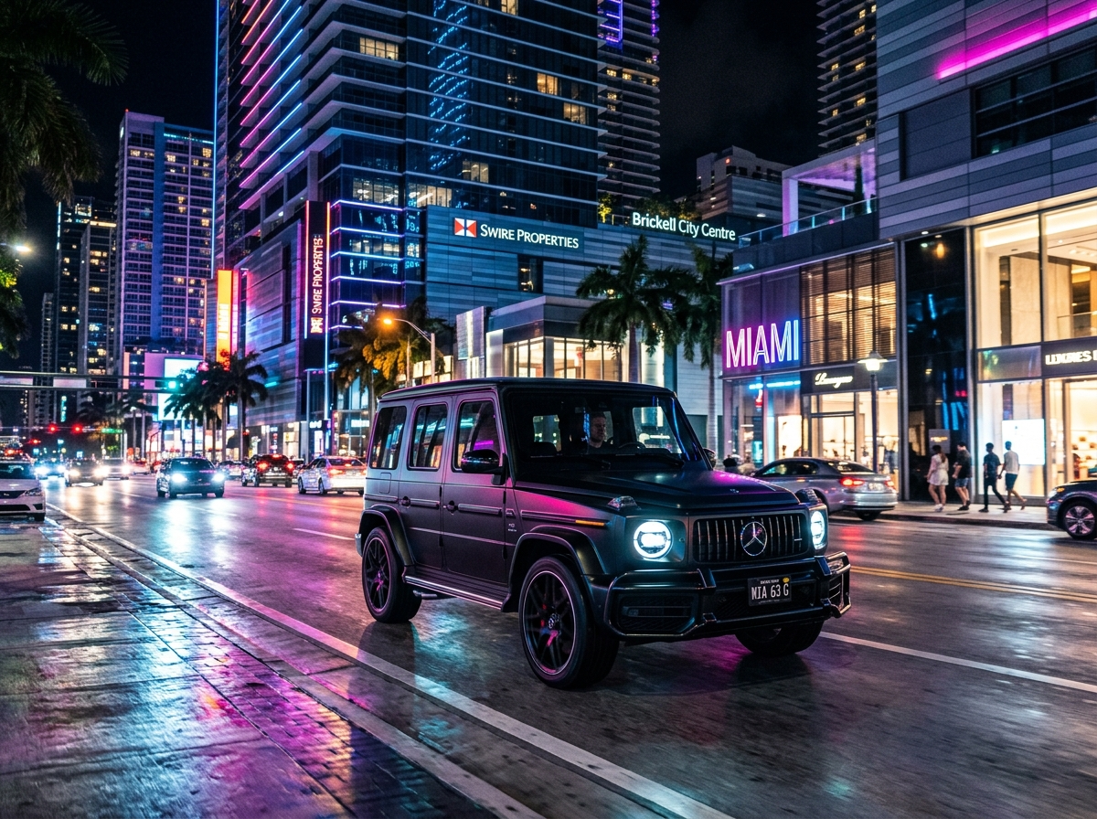 Mercedes-Benz G63 AMG matte black on Brickell Avenue Miami with neon reflections at night