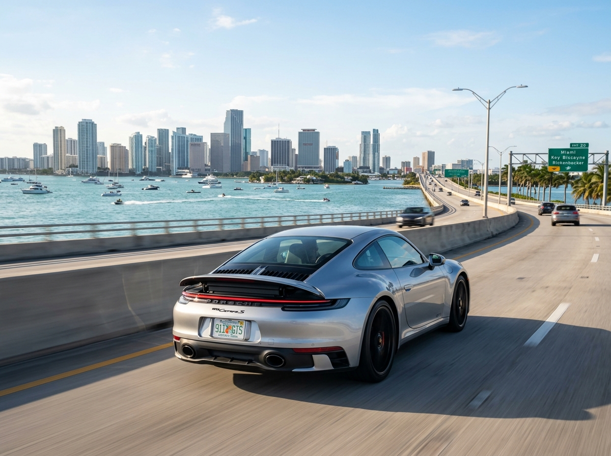 Porsche 911 Carrera S in GT Silver Metallic on Rickenbacker Causeway with Biscayne Bay backdrop
