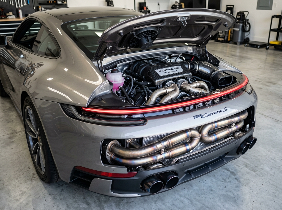Porsche 911 Carrera S flat-six engine bay and sport exhaust detail