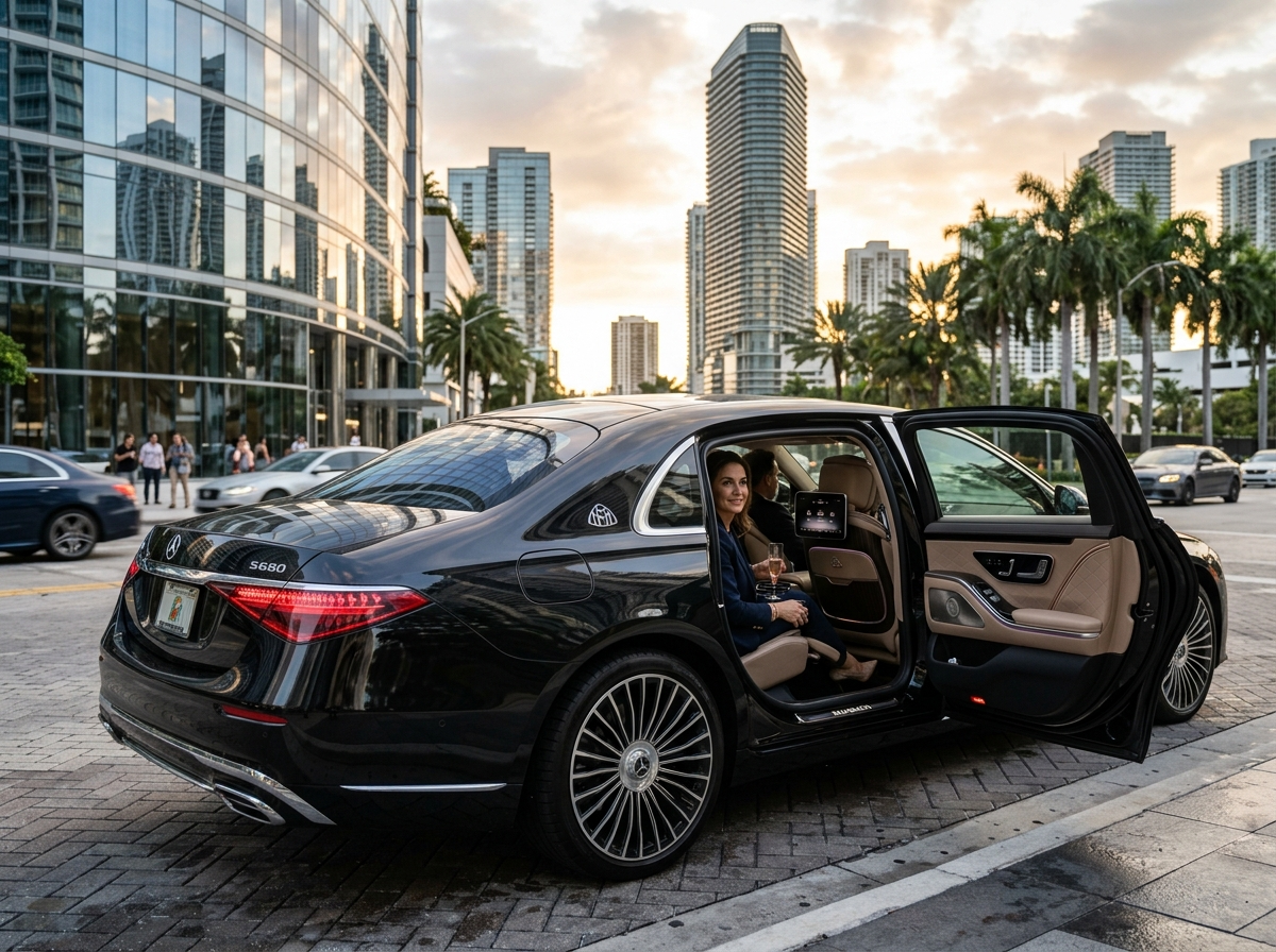 Mercedes-Benz Maybach S680 in Obsidian Black Metallic with rear chauffeur compartment visible Miami Brickell