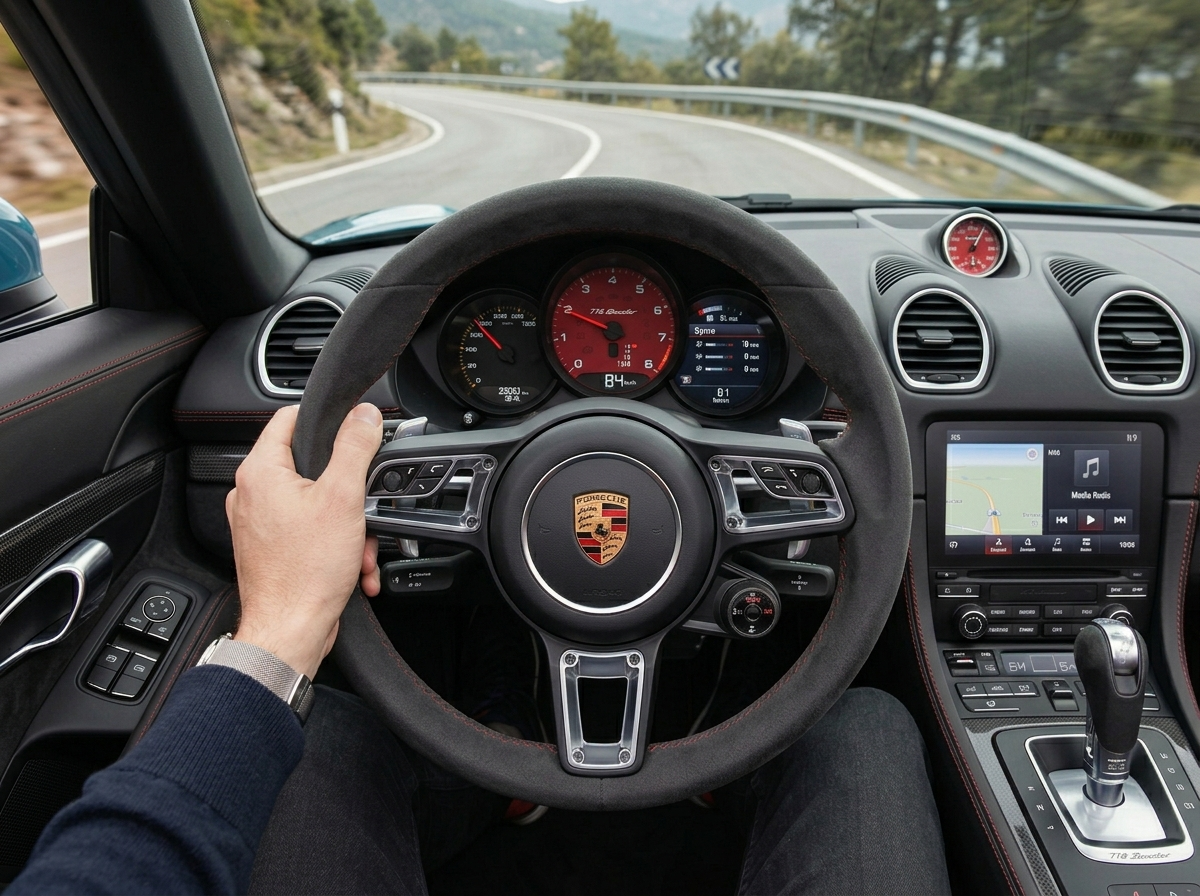 Porsche 718 Boxster Sport Chrono cockpit and steering wheel close-up