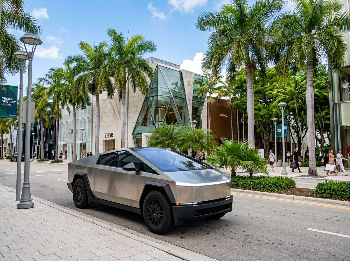 Tesla Cybertruck AWD stainless steel exterior parked at Design District Miami with palm trees